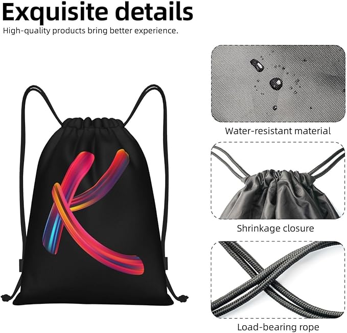 Drawstring Bags Initial Drawstring Backpack Sackpack Black Draw String Cinch Bags for Sports, Gym, Travel, Swimming, Beach, Camping, Rainbow Letter K
