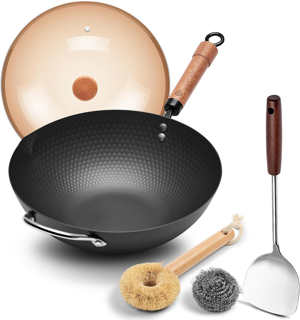 WANGYUANJI 12.6" Wok with Lid, Flat Bottom Nonstick Wok Pan for Induction Cooktop, Stir Fry Woks & Pans for Cooking