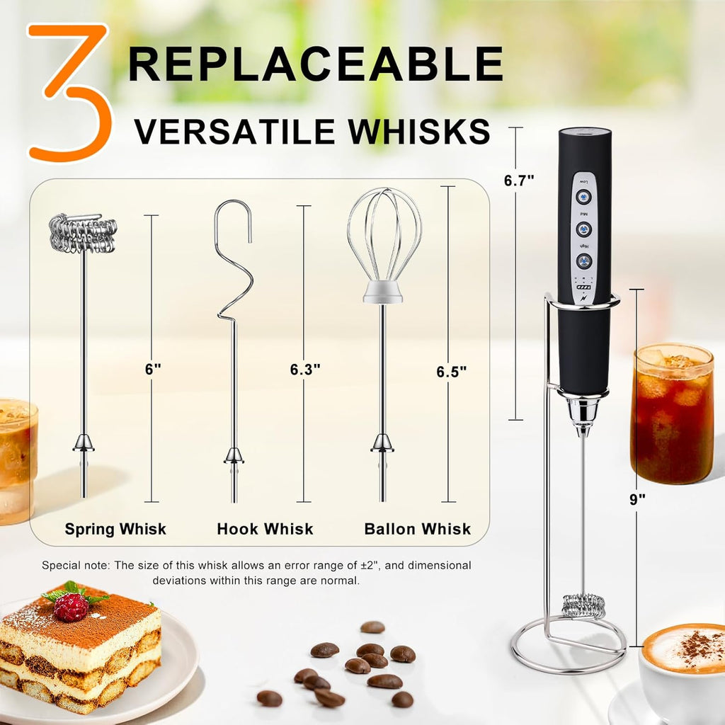 YUSWKO Black Handheld Milk Frother Wand with Stand for Coffee, Rechargeable Electric Whisk with 3 Heads 3 Speeds Drink Mixer Coffee Frother For Latte, Cappuccino, Hot Chocolate, Egg