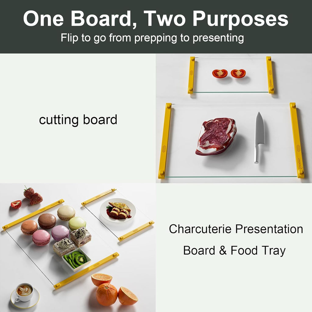 Glass Cutting Board with Silicone Grip, 80% Stronger Shatter Resistance and Slip Resistance,No Scratches/Microplastic-Free,Dishwasher Safe, Non Toxic Cutting Board for Kitchen (Yellow-12*8"&16*12")