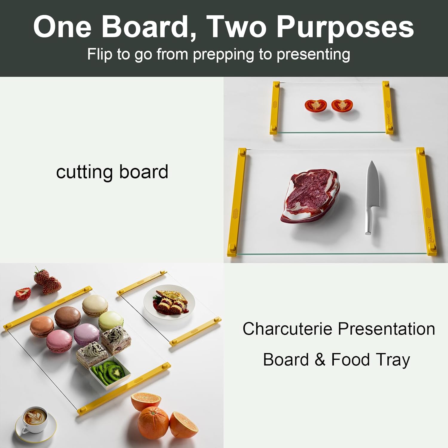 Glass Cutting Board with Silicone Grip, 80% Stronger Shatter Resistance and Slip Resistance,No Scratches/Microplastic-Free,Dishwasher Safe, Non Toxic Cutting Board for Kitchen (Yellow-12*8"&16*12")