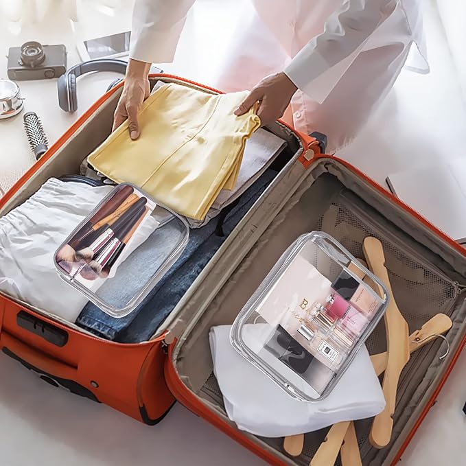 4Pcs Crystal Clear PVC Travel Toiletry Bag Kit for Women Men, Waterproof Vinyl Packing Organizer Storage Bags with Zipper Handle Straps, Cosmetic Pouch Carry on Airport Airline Compliant Bag Handbag