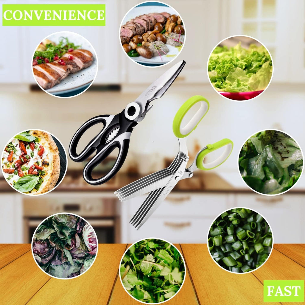5-Blade Herb Scissors with Kitchen Shears & Peeler, Stainless Steel Multi-Use Tool for Herbs, Meat, Vegetables, Dishwasher Safe, Soft-Grip Handle