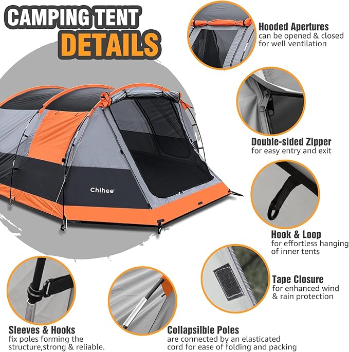 Chihee Camping Tents Tunnel Tent 4 Person Family Tents with 2 Doors Extra Weatherproof Outdoor Shelter 4 Seasons Tents with Double Waterproof Groundsheets Screened Room Porch Carry Bag for Travelling
