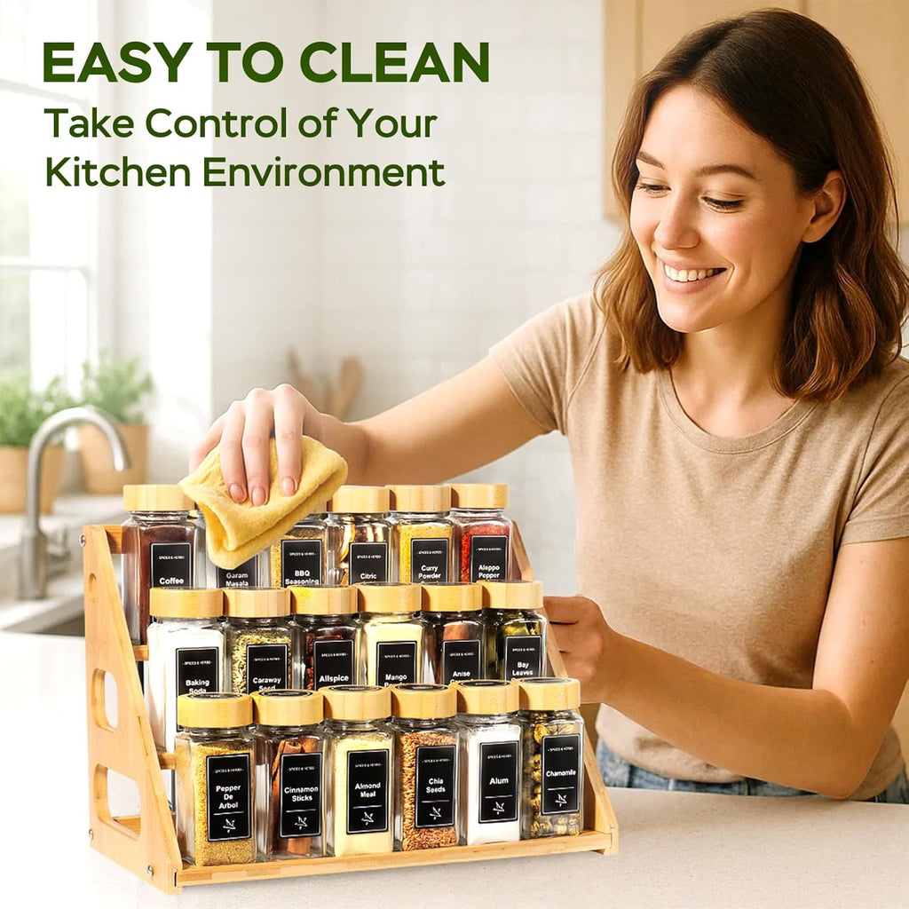 3 Tier Bamboo Spice Rack Organizer with 18 Spice Jars, 780 Labels, Wood Shelf, Chalk Marker and Funnel Set for Cabinet Kitchen Countertop, Empty 4 oz Glass Jars