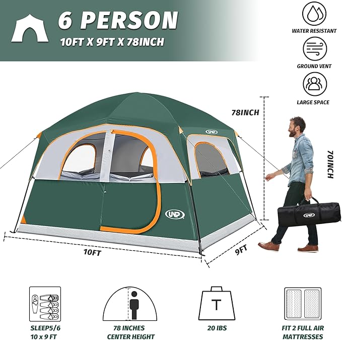 UNP Tents 6 Person Waterproof Windproof Easy Setup,Double Layer Family Camping Tent with 1 Mesh Door & 5 Large Mesh Windows -10'X9'X78in(H)