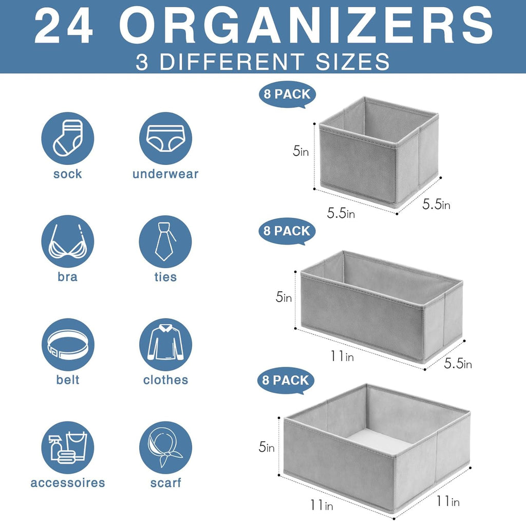 Criusia Drawer Organizer Clothes 24 Pack, Fabric Closet Organizers and Storage Bins for Underwear Sock, Odorless Dresser Drawer Dividers for Baby Nursery Organization (Grey)