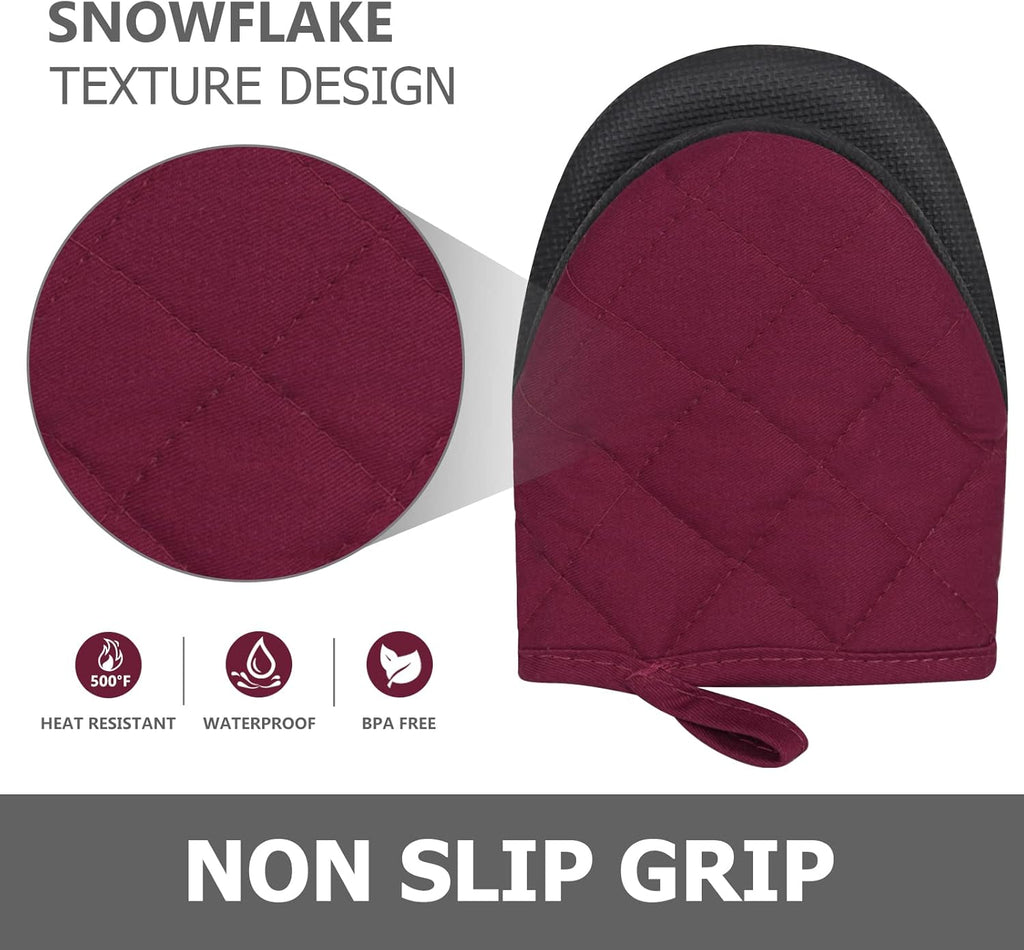 Qulable 1 Pair Short Oven Mitts - Silicone Kitchen Oven Gloves High Heat Resistant 500℉, Mini Oven Mits with Non-Slip Grip Surfaces and Hanging Loop for BBQ, Baking, Cooking and Grilling (Dark Red)