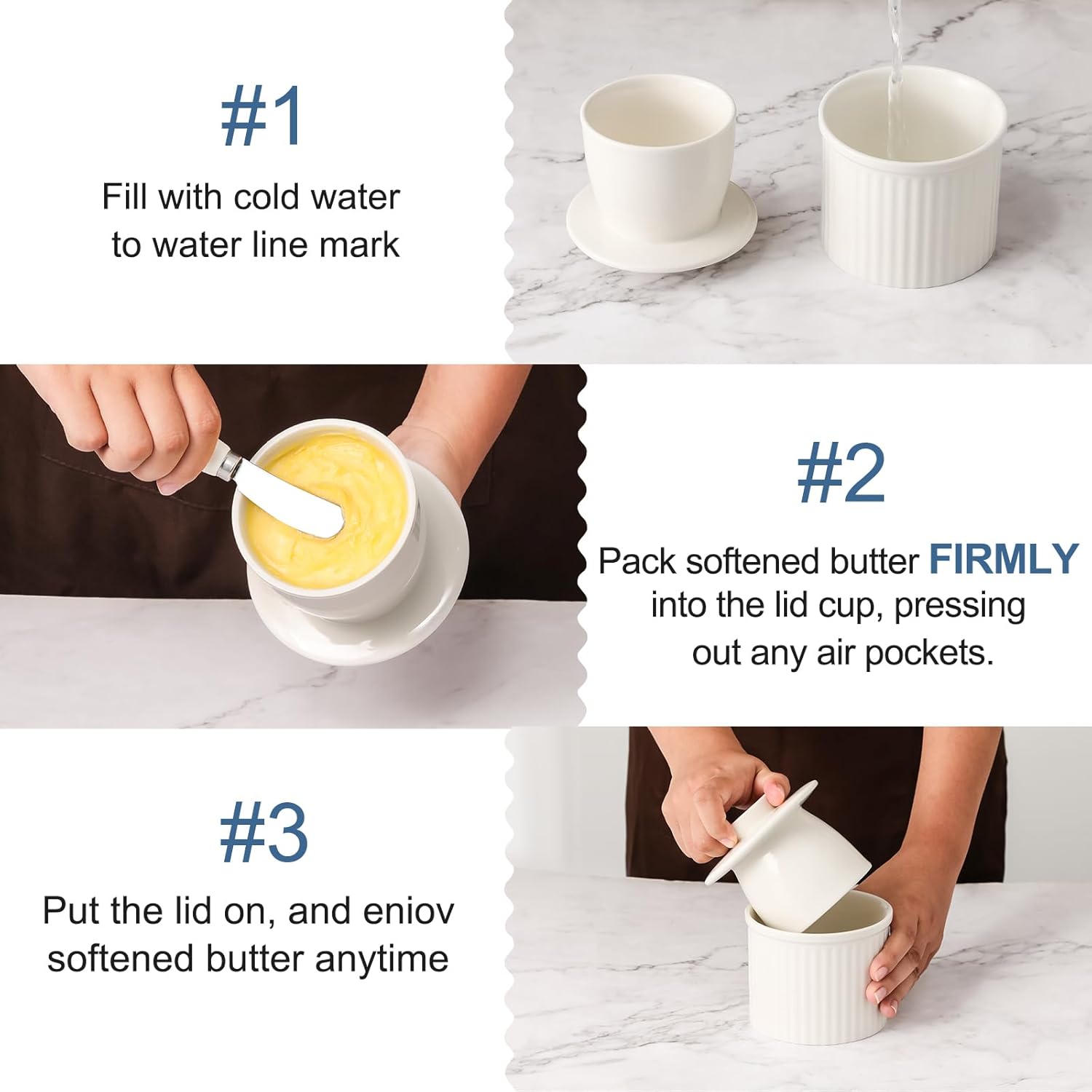 Large Butter Crock Bell for Counter with Water Line, Butter Keeper, Ceramic French Butter Dish Holder for Fresh Spreadable Soft Butter (White, 7.8 Ounce)