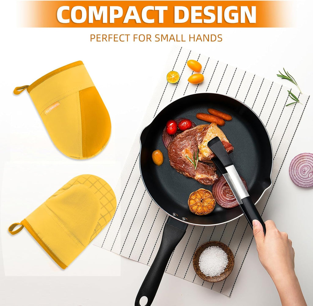 Mini Oven Mitts, Kitchen Oven Gloves Kitchen Mittens 500 Degrees Heat Resistant Baking Gloves, Non-Slip Silicone Surface with Hanging Loops Hot Gloves for Cooking, Baking, BBQ 1 Pair-Yellow