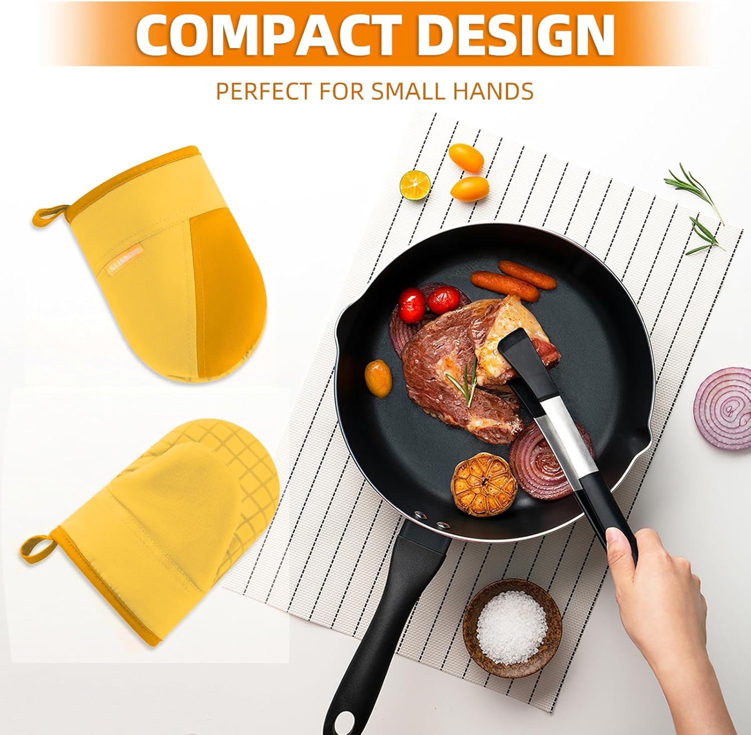 Mini Oven Mitts, Kitchen Oven Gloves Kitchen Mittens 500 Degrees Heat Resistant Baking Gloves, Non-Slip Silicone Surface with Hanging Loops Hot Gloves for Cooking, Baking, BBQ 1 Pair-Yellow