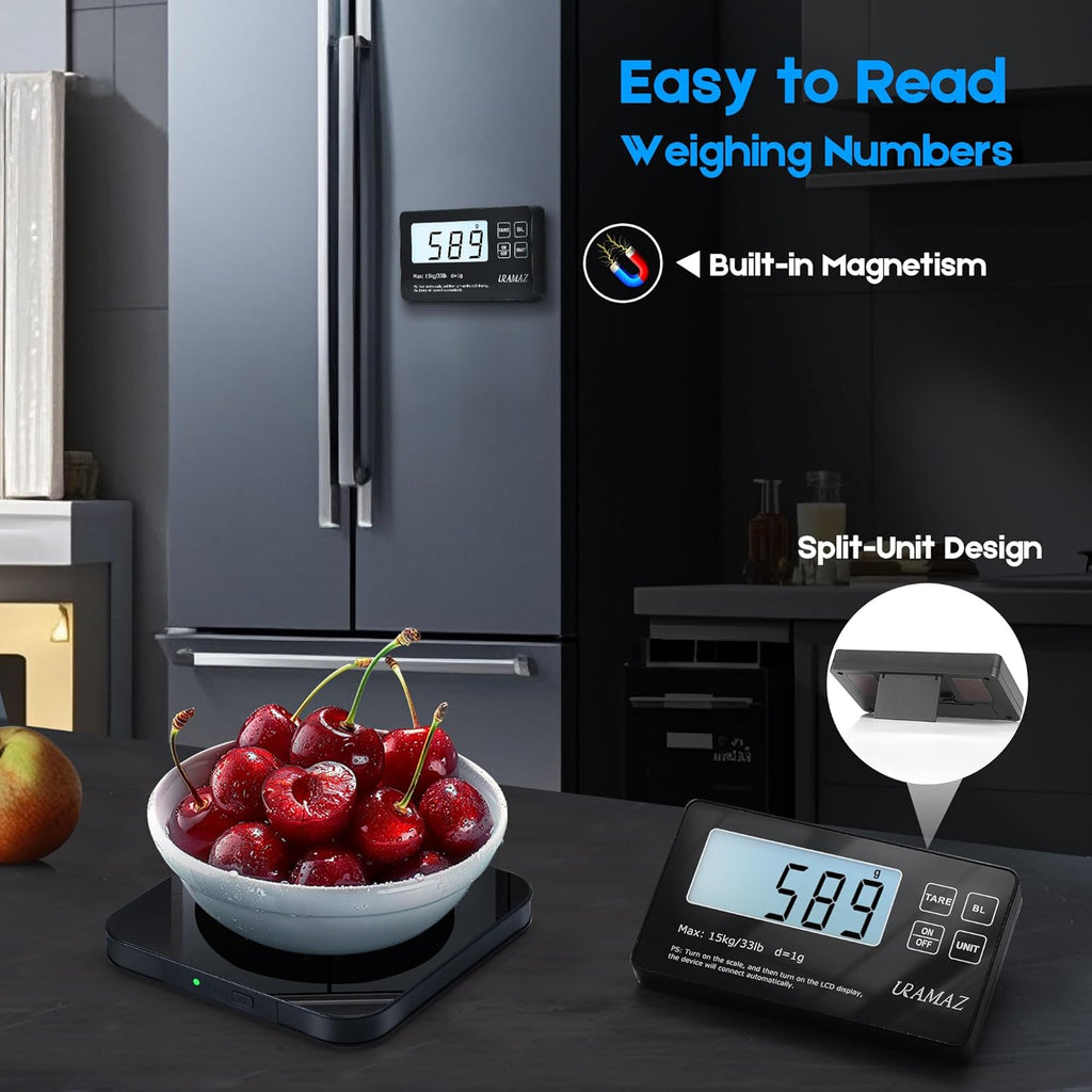 Food Scale with Detachable Display, 33lb Stainless Steel Kitchen Scales Digital Weight Grams and Ounces, Digital Food Scales for Kitchen, Baking Scale for Sourdough Bread Cooking, Weight Loss 1g/0.1oz