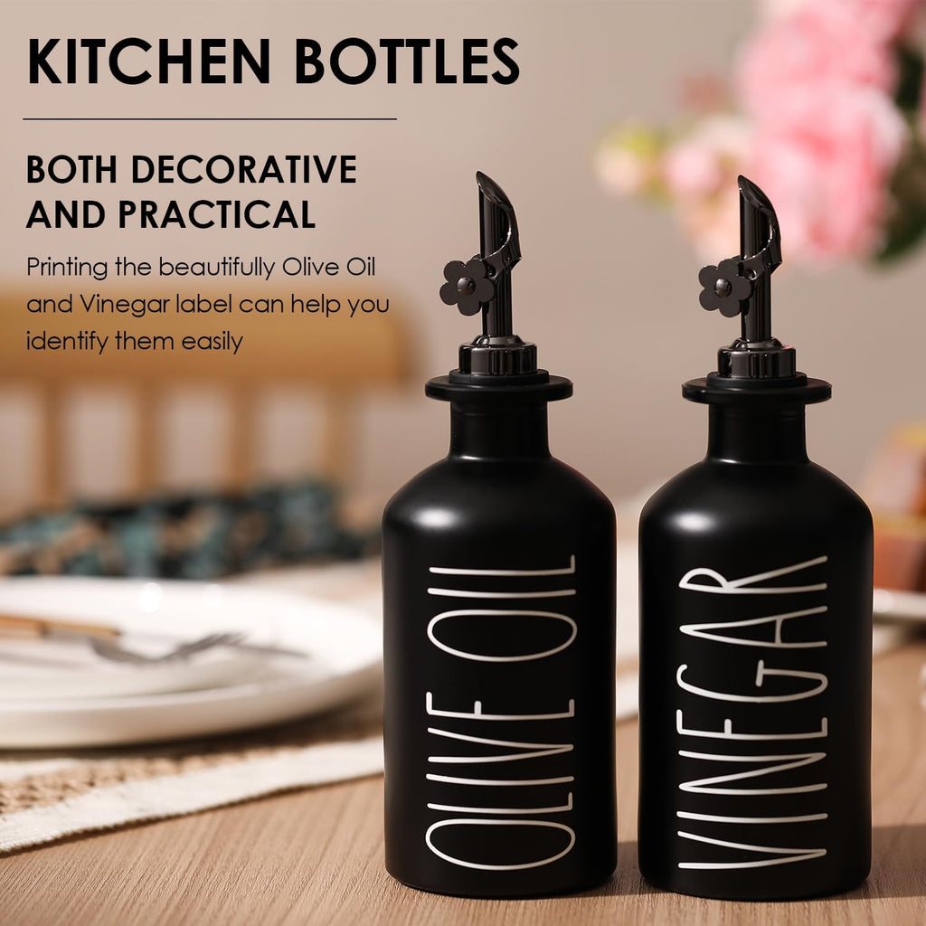 HOMCDALY Premium Olive Oil Dispenser for Kitchen, 11.8oz Glass Oil Bottles with Bamboo Tray, Black Oil&Vinegar Cruet Set, Kitchen Dispenser Bottles with Pourer | Set of 2 (11.8oz –P–Black)