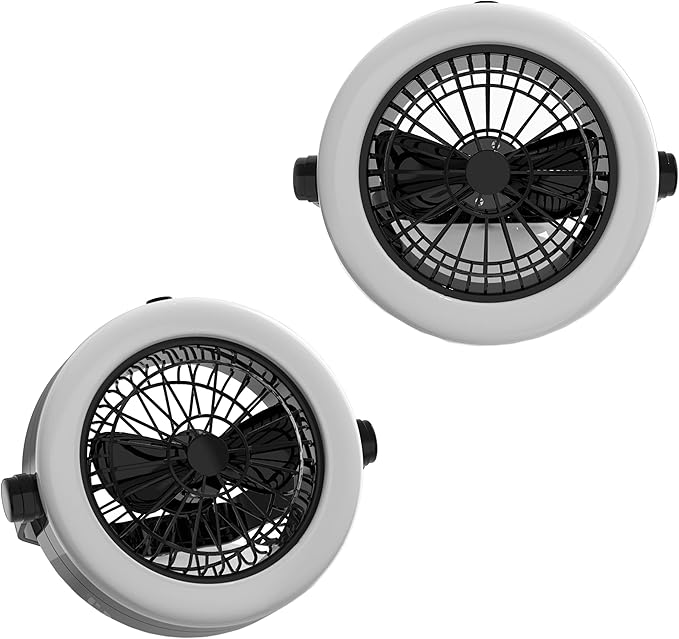 2-in-1 Camping Lantern with Fan Set - Set of 2 Portable Camping Lights with 12 Bright LED Bulbs, USB, and Rechargeable Battery by Wakeman