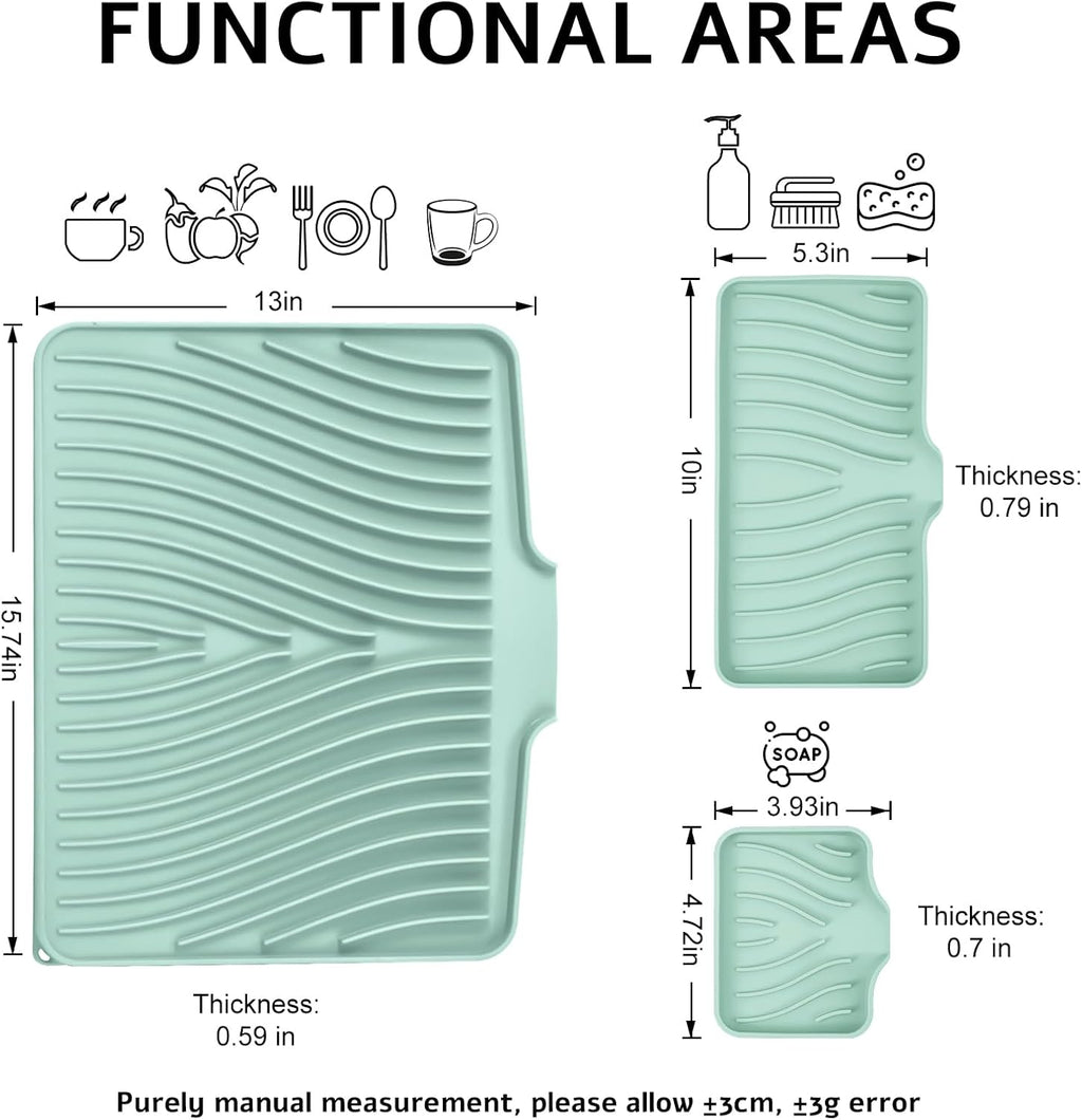 Silicone Dish Drying Mat for Kitchen Counter, Dish Drying Pad, Non-Slip Drain Pad with Built-in Drain, Heat Resistant Stone Drying Mat, 3 pcs (Mint)