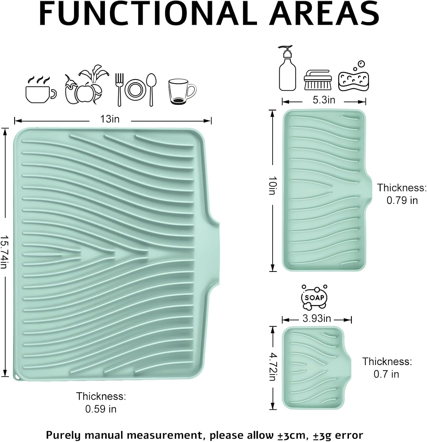 Silicone Dish Drying Mat for Kitchen Counter, Dish Drying Pad, Non-Slip Drain Pad with Built-in Drain, Heat Resistant Stone Drying Mat, 3 pcs (Mint)