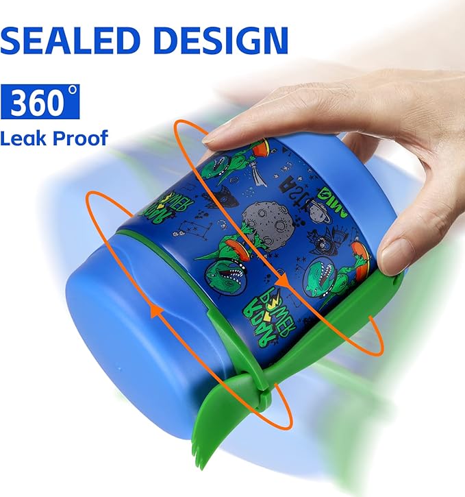 10oz Soup Thermo for Hot Food Kids Insulated Food Jar,Thermo Hot Food Lunch Container, Width Mouth Stainless Steel Lunch Box for Kids with Spoon (Blue-dinosaur)