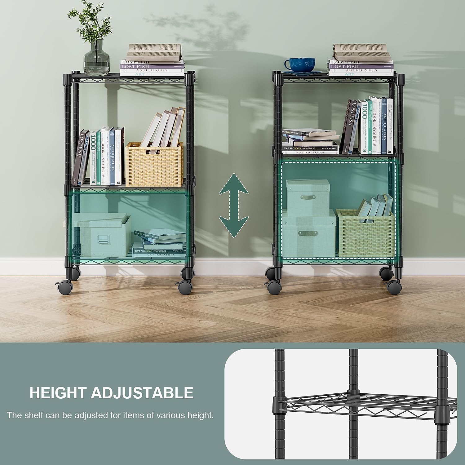 3 Tier Shelf Metal Storage Shelves Wire Rack Closet Organizers with Wheel for Garage Kitchen Bathroom Laundry Black 11.8" D x 17.7" W x 29.8" H