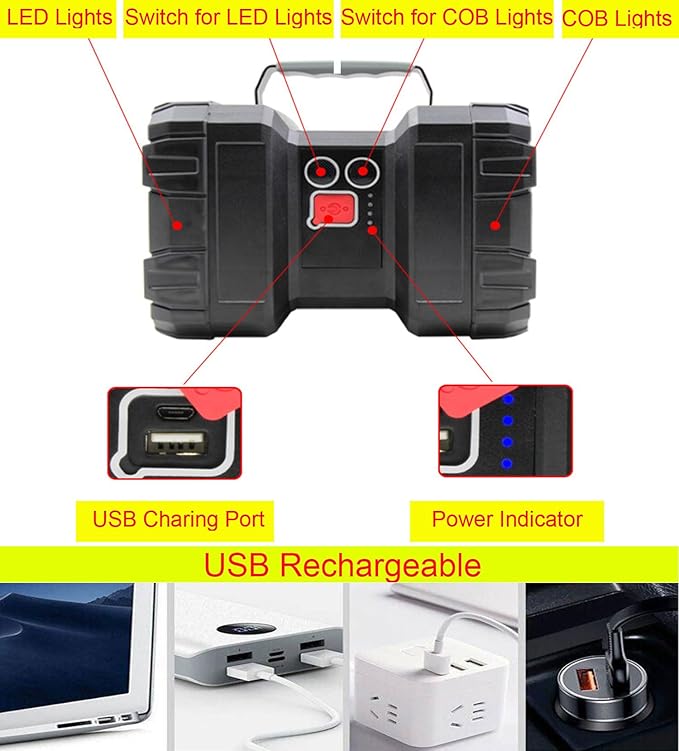 Rechargeable LED Searchlight Flashlight, LED Spotlight Big Power Capacity 15000LM 20h Ultra-Long Standby 7 Lights Modes Camping Work Light, Waterproof, Power Bank, for Home, Outdoor (55 LEDs)