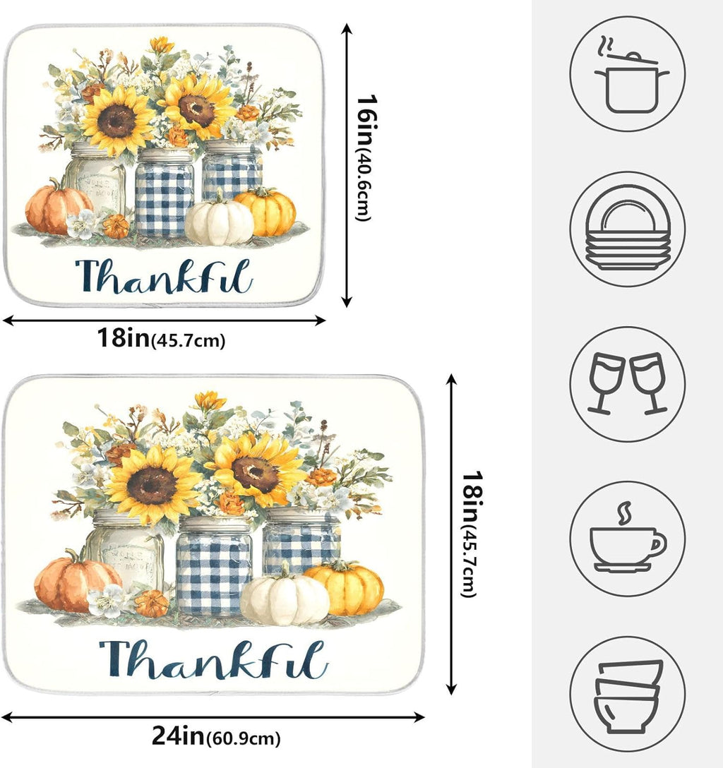 Autumn Pumpkin and Sunflower Floral Vase Dish Drying Mat for Kitchen Counter Absorbent Microfiber Small Drying Pad Dish mats for Kitchen Countertops 16 x 18 Inch