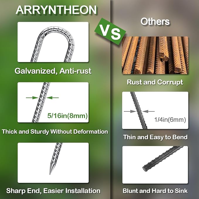 Rebar Stakes 12 Inch 10 Pack Tent Stakes Heavy Duty Metal J Hook, Fence Stakes for Trampoline, Fence, Camping Tent (10, 12")