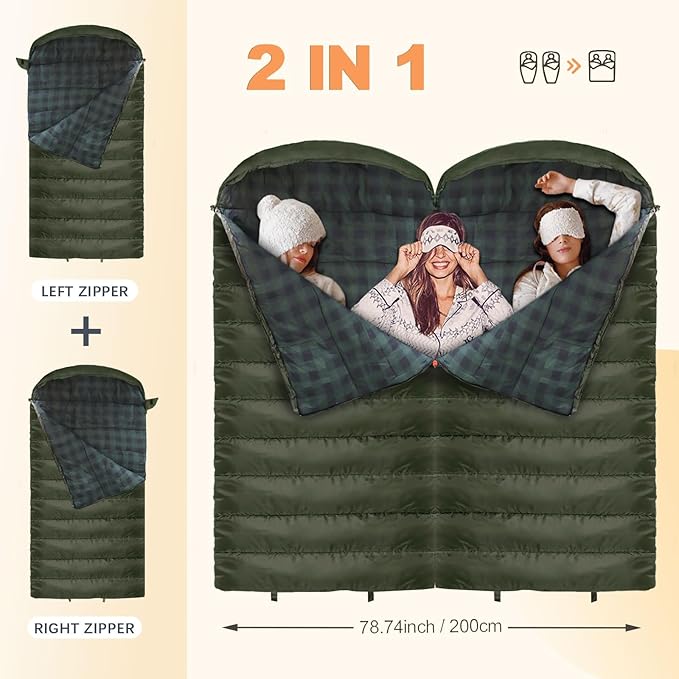 0 Degree Sleeping Bag 100% Cotton Flannel XXL Cold Weather Winter Oversized Sleeping Bag for Adults Camping Zero Degree Big and Tall with Compression Sack