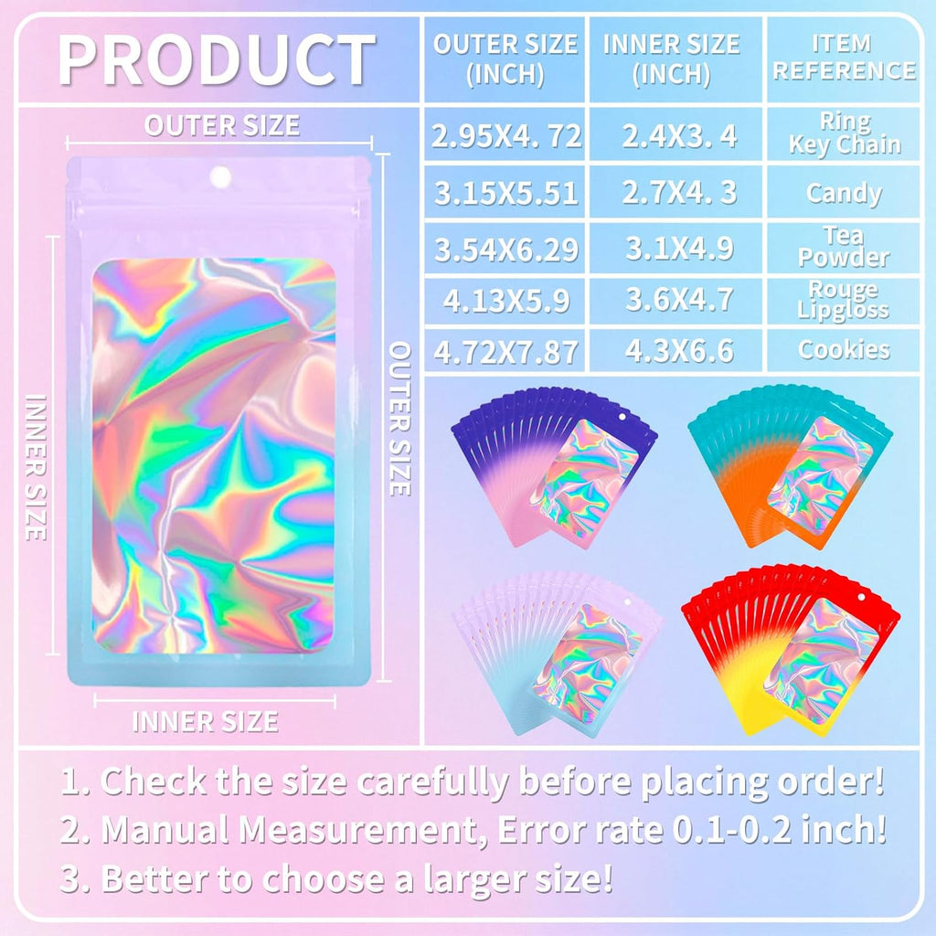 200 Pack Resealable Mylar Holographic Bags Food Storage Smell Proof Bags with Front Window Foil Packaging Pouch for Candy Sample Jewelry Small Business 2.95×4.72 Inch, Blue Fade Purple
