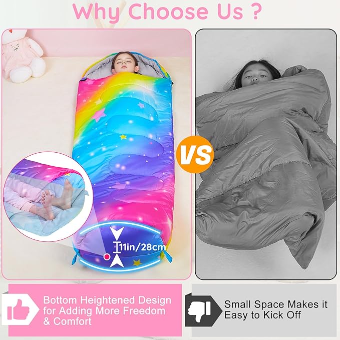 FIOBEE Kids Sleeping Bag for Girls Boys 3 Season Warm & Cool Weather Youth Camping Sleeping Bags with Backpacking Bag Waterproof for Traveling Hiking Indoor Outdoor Camping Essentials