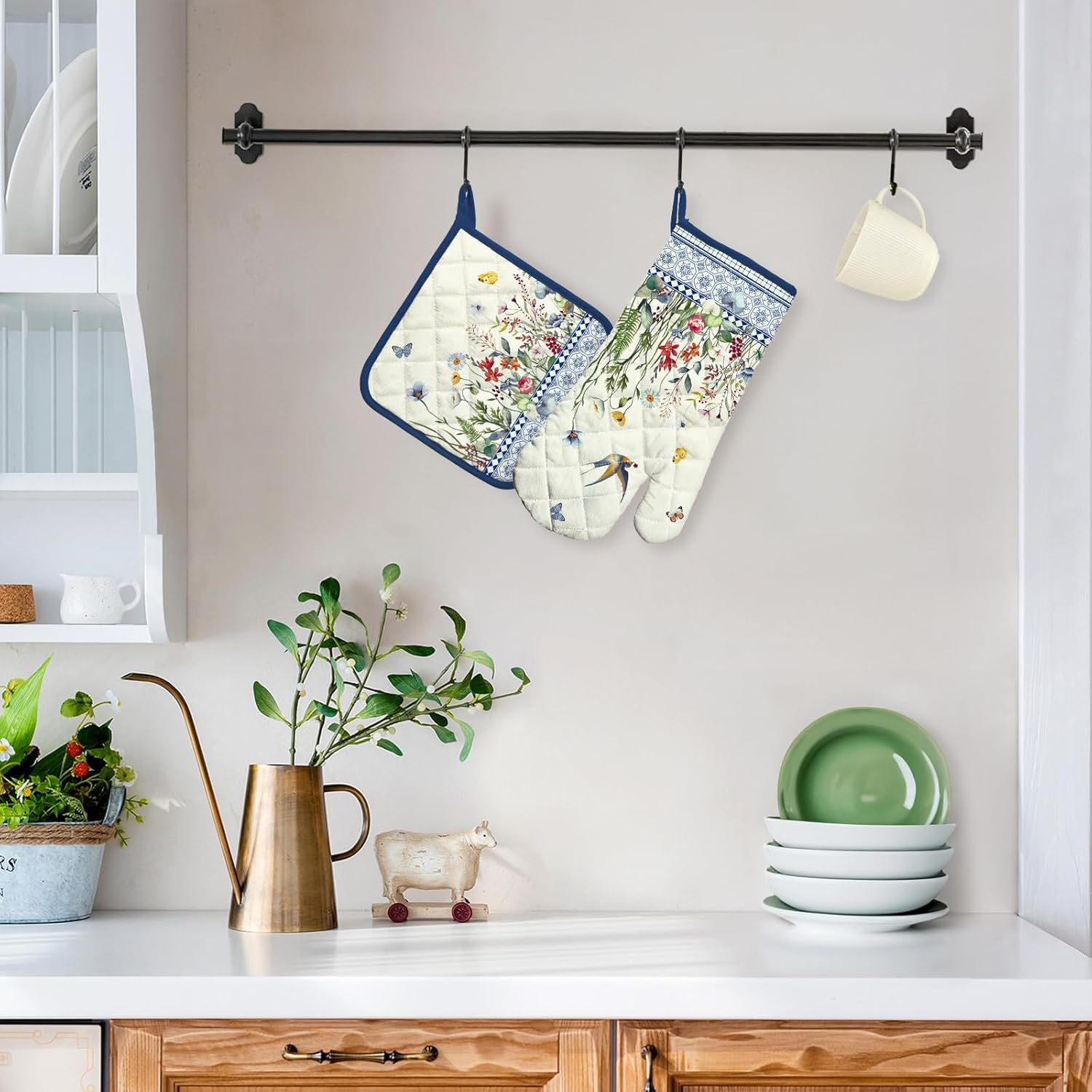 Retro Wildflowers Oven Mitts and Pot Holders Sets 100% Cotton Heat Resistant, Extra Long Oven Gloves Potholder for Kitchen Cooking Baking Housewarming