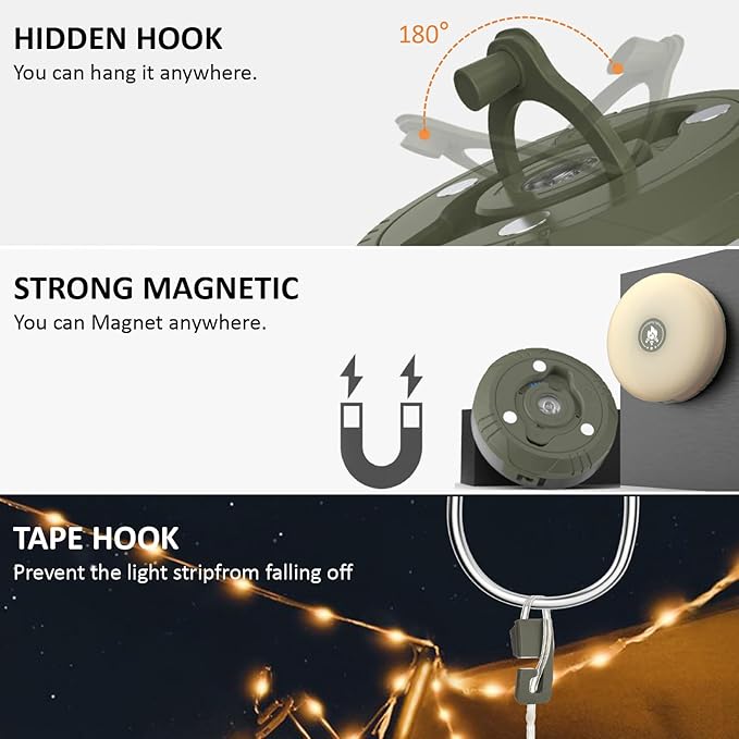 2-Pack Camping String Lights, 4 in 1 Outdoor String Lights with 8 Lighting Modes, Quick Storage, USB Charging, Portable Camping Light Rechargeable, 32.8ft Waterproof Tent Light for Hiking,Christmas