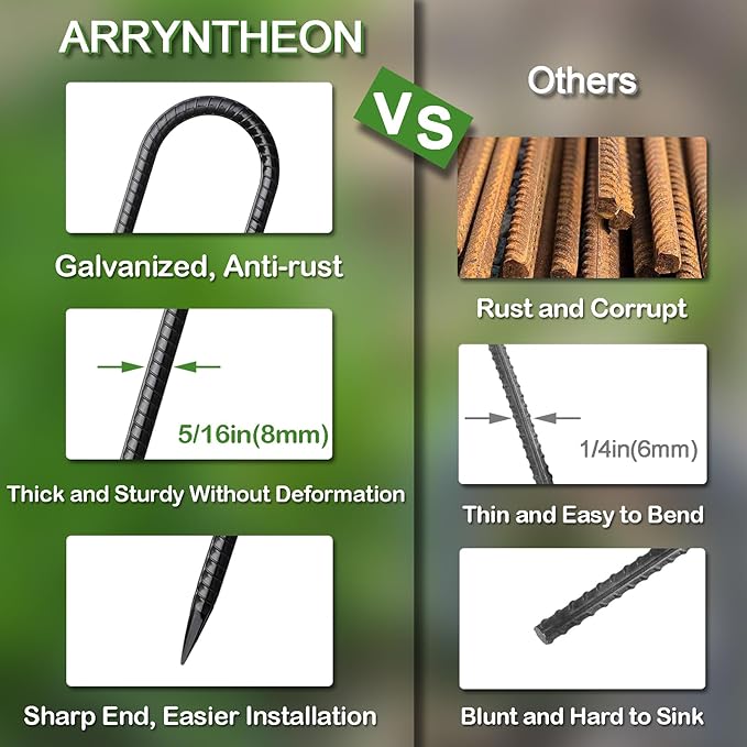 Rebar Stakes 12 Inch 10 Pack Tent Stakes Heavy Duty Metal J Hook, Fence Stakes for Trampoline, Fence, Camping Tent (10, J-12 x5/16 Black)