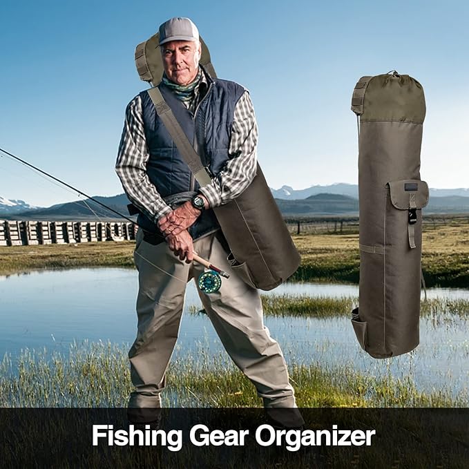 DONQL Fishing Rod Bags Outdoor Fishing Pole Holders Multifunction Camping Portable Canvas Backpack Case Fish Rod Storage Bag Fishing Rod Case Holding 5 Poles & Fishing Tackles (Khaki)