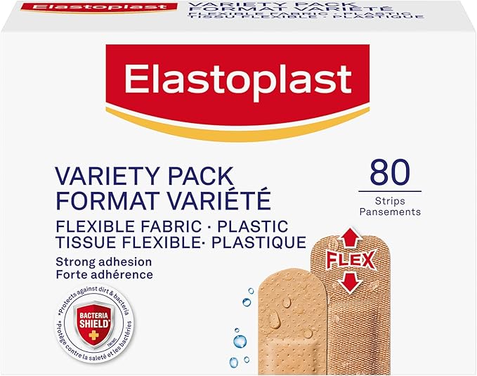 ELASTOPLAST Fabric and Plastic Adhesive Bandages Variety Pack (80 Strips), Flexible & Water-Resistant Bandage with All-Around Adhesion, Ideal for First Aid Kit {Imported from Canada}