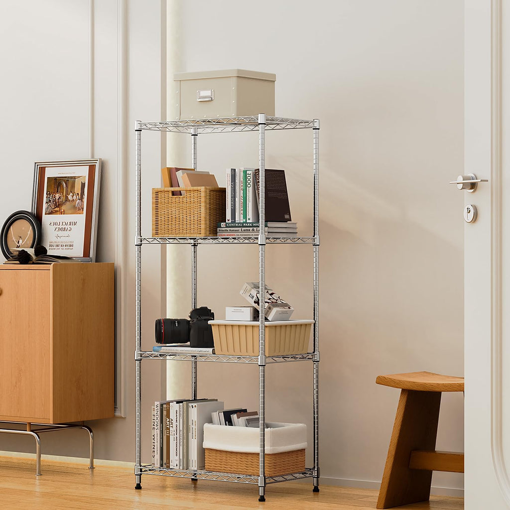 1000 lbs 4Tier Shelf Metal Storage Shelves Wire Rack Closet Organizers with Wheel for Garage Kitchen Bathroom Laundry Chrome 13.7" D x 23.6" W x 53.4" H