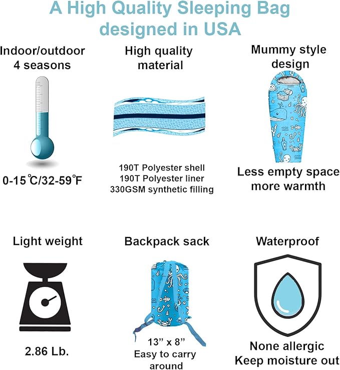KidzAdventure Mummy Style 32 – 59F Kids Sleeping Bag with Pillow Sleeve, 4 Season, Lightweight and Backpacking Style, Ideal for Camping, Sleepover, Boys, Girls, Youth and Toddlers
