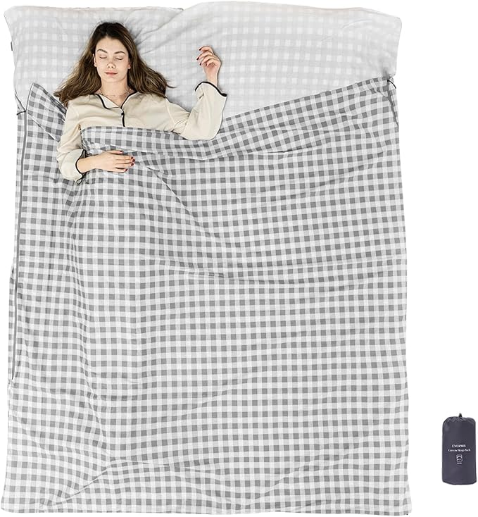 100% Cotton Sleeping Bag Liner with Full Length Zipper on 3 Sides; Single/Double Adult Sleep Sack for Travel & Camping, Multifunctional Travel Sheets (Unzipped 87”x87”) for Hotel, Lightweight