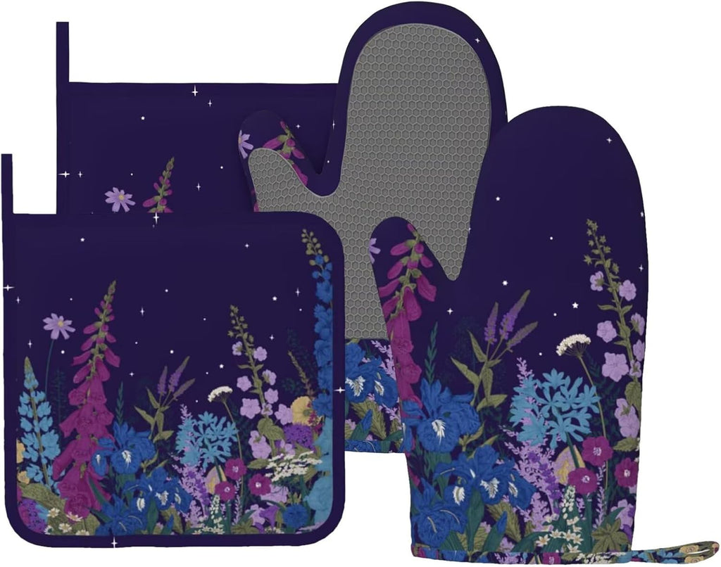 Wildflowers Florals Oven Mitts Pot Holders Set Silicone Heat Resistant Wildflowers Oven Mitts and Hot Pads Florals Potholders Non-Slip Oven Gloves for Cooking Baking Grilling BBQ
