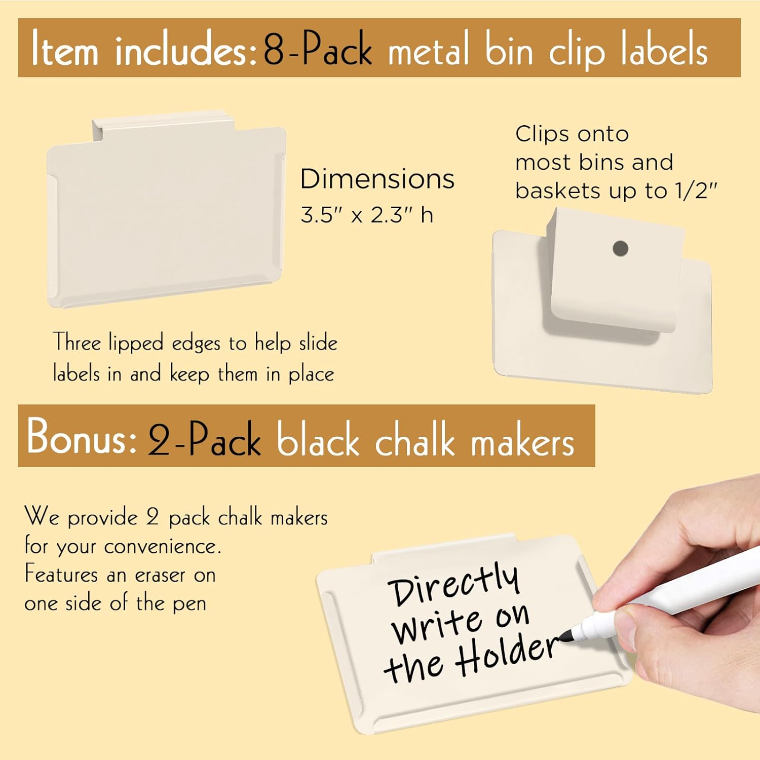 Basket Labels Clip on | Label Holders for Basket or Storage Bins Includes White Chalk Markers (8 Cream Holders + 2 Black Chalk Makers)