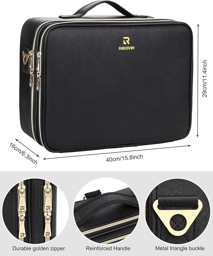 Relavel Professional Train Case - 16.5 Inch Travel Cosmetic Organizer, Waterproof Makeup Artist Storage Box, Large Capacity (Leather Black)