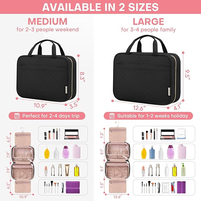 Travel Size Toiletry Bag for Women, Portable Cosmetic Bag with Hanging Hook, Travel Essentials Water-resistant Makeup Organizer for Accessories, Shampoo, Full-size Container, Toiletries