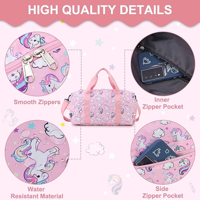 Duffle bag for Girls,RAVUO Water Resistant Travel Overnight Weekend Bag Carry On Bag for Gym Sport Dance with Shoe Compartment and Wet Pocket Unicorn