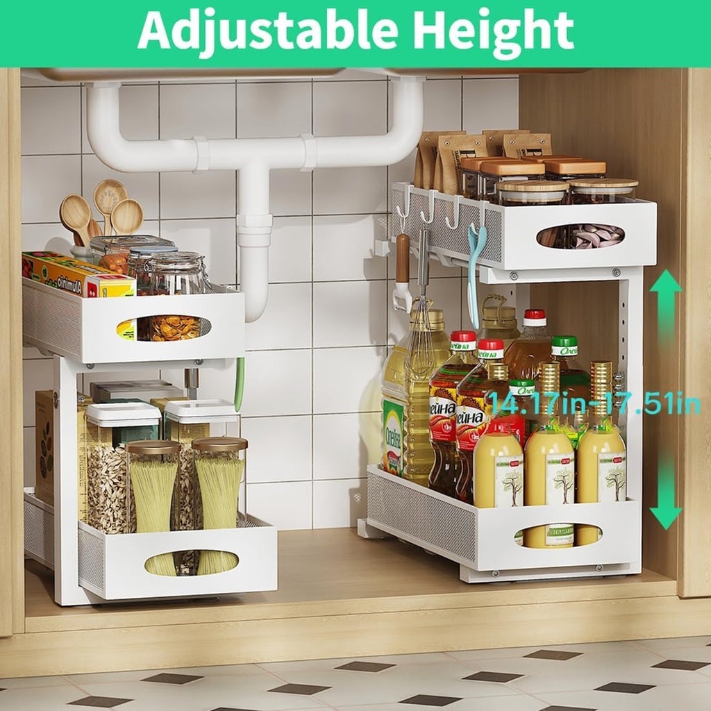 2-pack under sink organizer, 2-tier under sink organizer and storage, slide-out pull-out cabinet organizer with mesh metal sliding drawer for home kitchens, bathrooms, pantries (white)