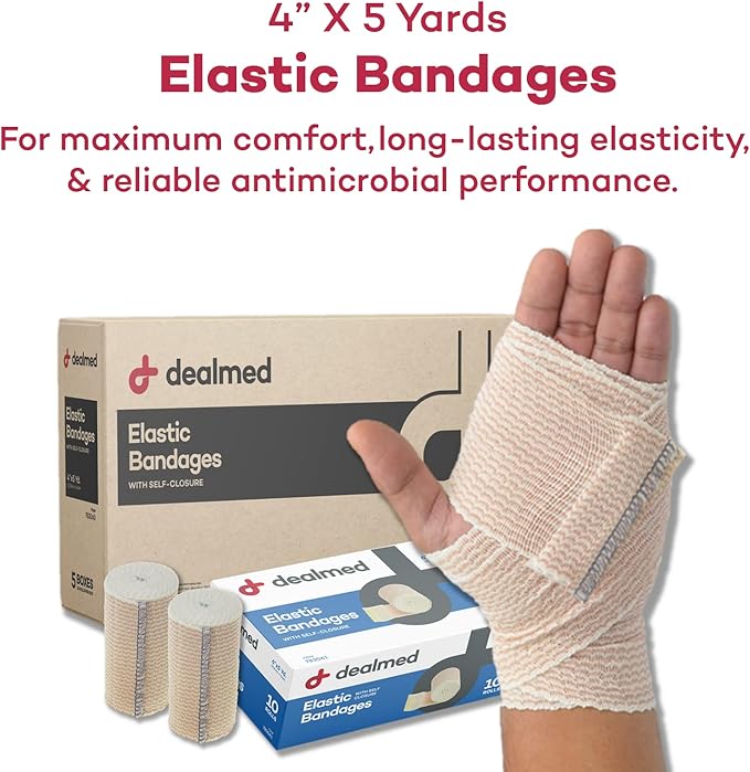 Dealmed 4" Elastic Bandage Wrap with Self-Closure – 50 Elastic Bandages, 5 Yards Stretched Compression Bandage Wrap, Wound Care Product for First Aid Kit and Medical Facilities