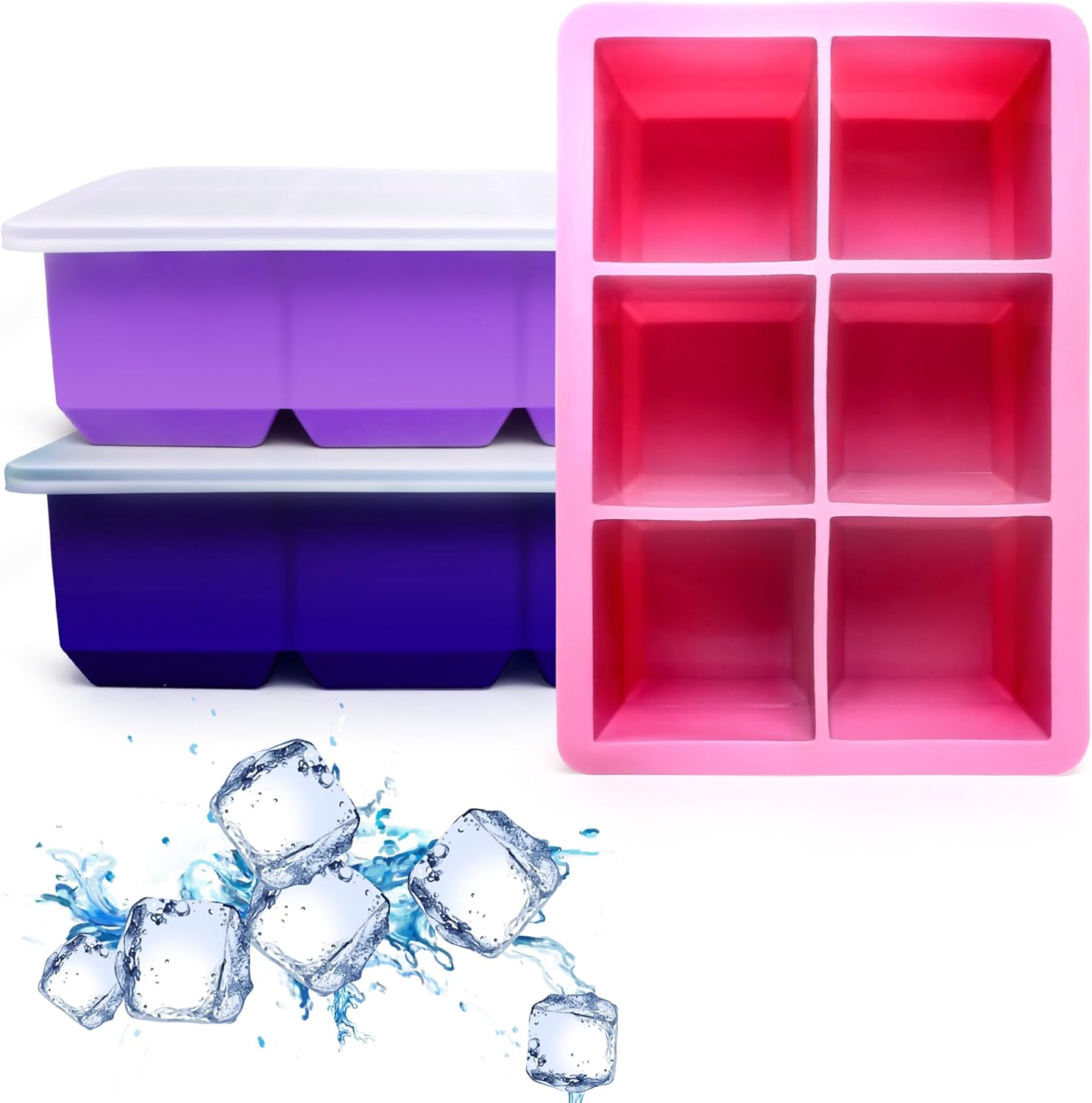 Silicone Ice Cube Trays 3 Pack - Large Size Silicone Ice Cube Molds with Leak Proof Removable Lid Square Ice Cube Tray And BPA Free for Cocktail,Whiskey, Stackable Flexible Ice