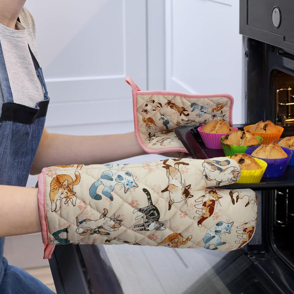 Cat Oven Mitts and Pot Holders Sets 4Pcs, 100% Cotton Heat Resistant, Extra Long Oven Gloves Potholder for Kitchen Cooking Baking Housewarming
