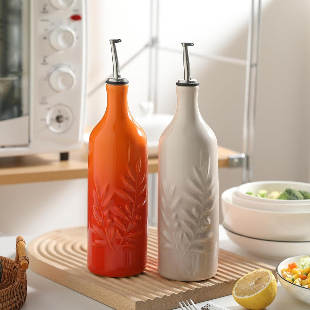 Sweejar Ceramic Olive Oil Dispenser Bottle, 24 Oz Relief Opaque Oil Cruet Protects To Reduce Oxidation, Suitable for Storage Soy Sauce, Coffee Syrup, Liquids, Set of 1 (Gradient FogGray)