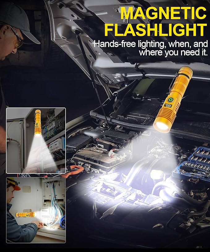 Rechargeable Flashlight High Lumens-12000LM Super Bright Magnetic Flash Light with Power Digital Display,3280Ft Long Range,Dimmable,Waterproof,Pocket LED Flashlights for Emergency Camping 2PC Gold