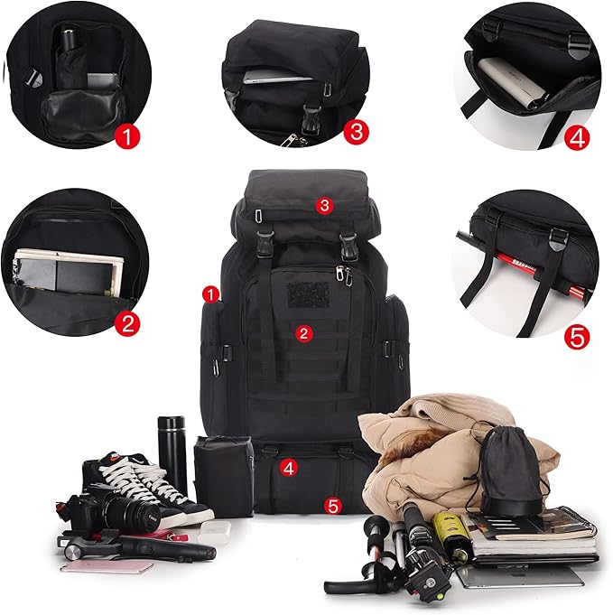 100L Tactical Military Backpack for Men - Waterproof Hiking & Hunting Pack with MOLLE System, Adjustable Suspension, Survival Gear Compartment - Outdoor Camping, Trekking Travel Backpack