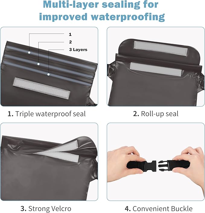 2-Pack Waterproof Pouch with Adjustable Waist Strap, Waterproof Dry Bag, Keeps Cell Phones and Valuables Safe and Dry, Perfect for Kayaking, Beach, Camping and Swimming (Black)