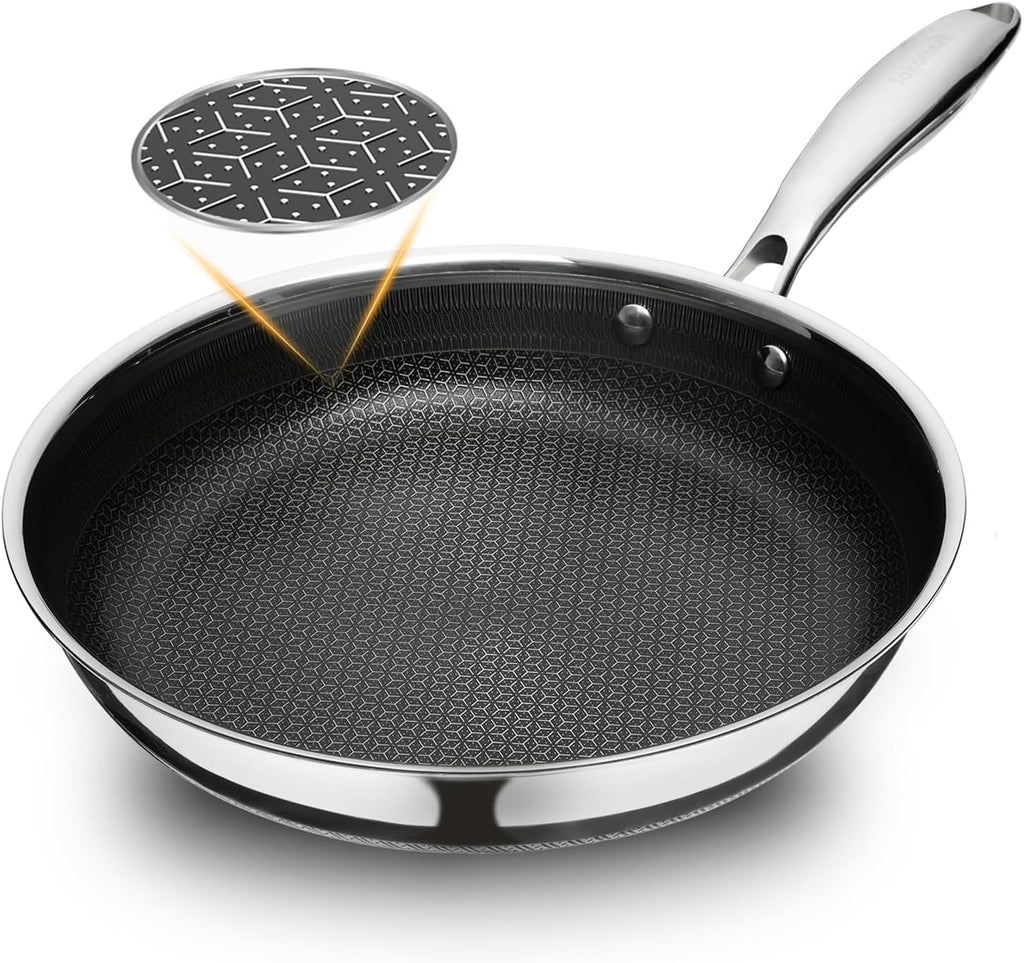 9.5" Non Stick Frying Pans, Hybrid Ceramic Stainless Steel Pan, Skillet with Stay-Cool Handle, Non Toxic, PFAS PFOA PTFE Free, Dishwasher & Oven Safe, Induction, Compatible with All Cooktops